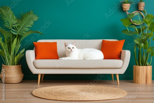 Modern sofa arrangement with warm cushions and greenery in a stylish living r...