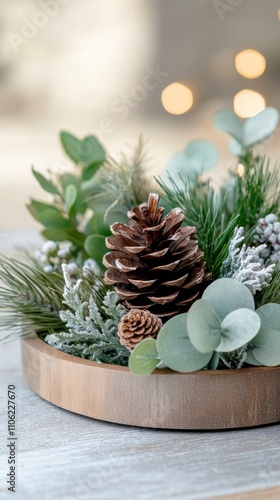 Decorative arrangement of pinecones and greenery for a festive celebration in...
