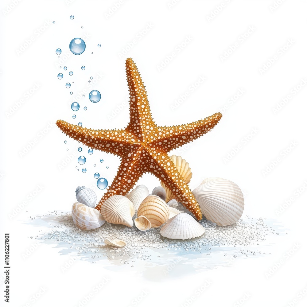 Vibrant Starfish and Seashells Displayed with Bubbles on a White Background for Beach and Ocean-themed Designs Vibrant Starfish and Seashells Displayed with Bubbles on a White Background for Beach and Ocean-themed Designs