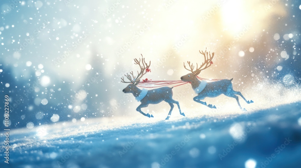 Two reindeer running through snowy landscape at sunrise. Two reindeer running through snowy landscape at sunrise.