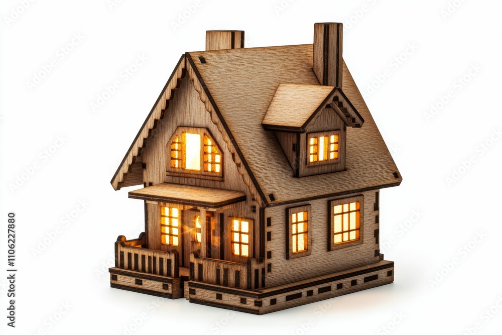 Illuminated wooden house model, intricately detailed. Illuminated wooden house model, intricately detailed.