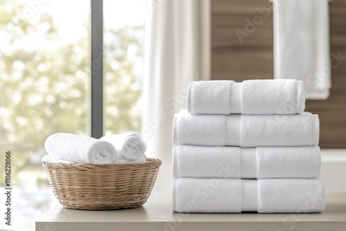 Spa setting with neatly stacked towels and basket of rolled towels on a tranq...