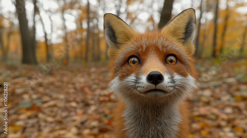 Curious red fox in autumn forest.