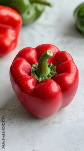 Bright red bell pepper standing on a smooth surface with a neutral background