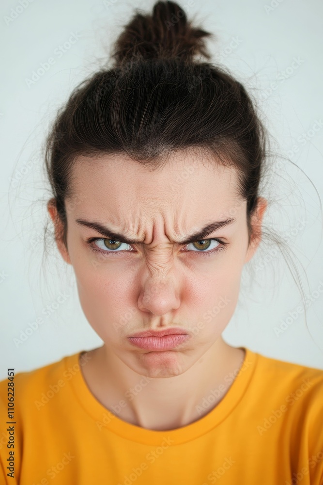 Angry young woman, yellow shirt, bun hairstyle. Angry young woman, yellow shirt, bun hairstyle.