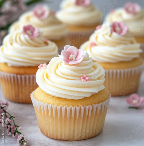 Beautifully decorated cupcakes with floral accents presented on a soft pink b...