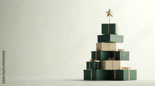 Green and gold gift boxes arranged as a Christmas tree decoration for the hol...