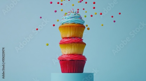 Vibrant stacked cupcakes with colorful sprinkles against a blue background