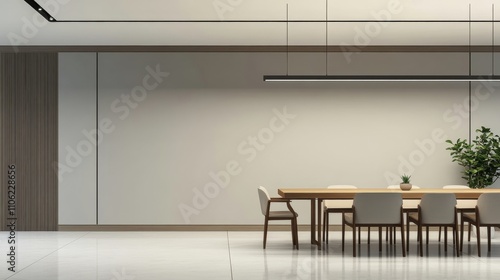 Modern dining area featuring minimalist design and neutral colors during dayl...