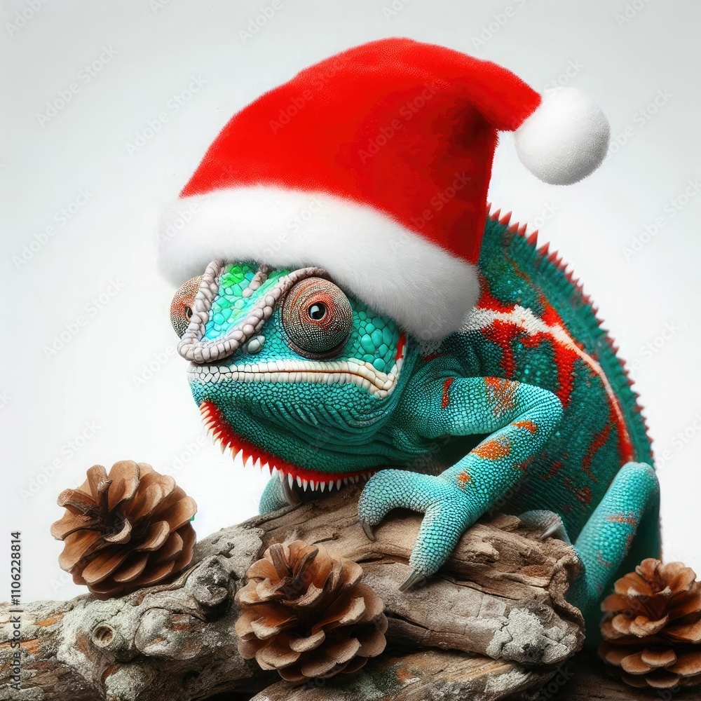 a colorful chameleon wearing a red Santa hat on white background a colorful chameleon wearing a red Santa hat on white background
