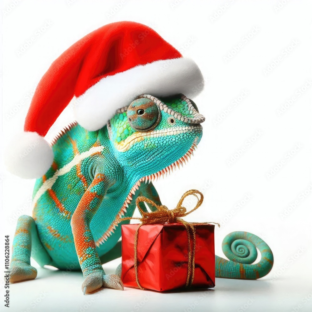 a colorful chameleon wearing a red Santa hat on white background a colorful chameleon wearing a red Santa hat on white background
