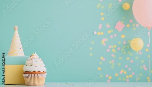 Colorful party decorations with cupcakes and confetti on display for a cheerf...