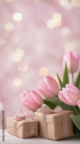 Gift wrapping arrangement with pink tulips on a soft pink background