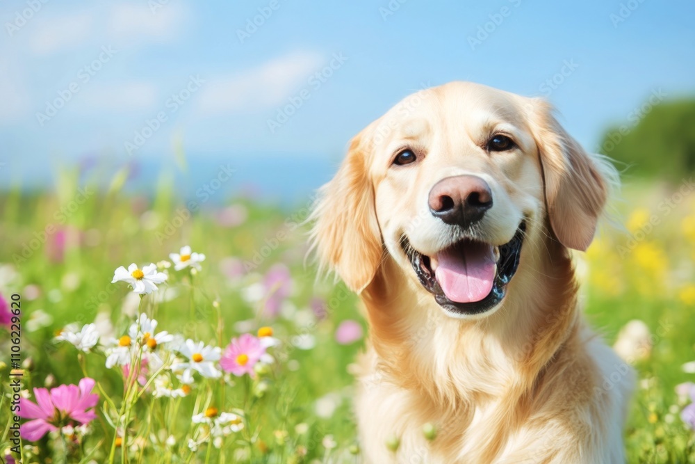 Happy puppy in a field of colorful flowers during a bright sunny day Happy puppy in a field of colorful flowers during a bright sunny day