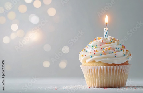 Colorful cupcake with candle and sprinkles on a background of soft lights
