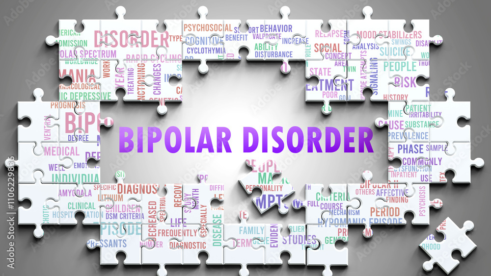 Bipolar Disorder as a complex subject, related to important topics. Pictured as a puzzle and a word cloud made of most important ideas and phrases related to bipolar disorder. ,3d illustration Bipolar Disorder as a complex subject, related to important topics. Pictured as a puzzle and a word cloud made of most important ideas and phrases related to bipolar disorder. ,3d illustration