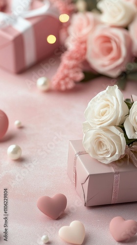 Charming arrangement of roses and hearts for a romantic occasion on a soft ba...