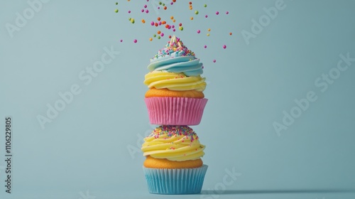 Vibrant stacked cupcakes with colorful sprinkles against a blue background