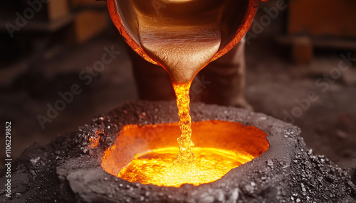 Molten metal glows intensely as it is poured from a crucible into a mold in a dimly lit foundry.