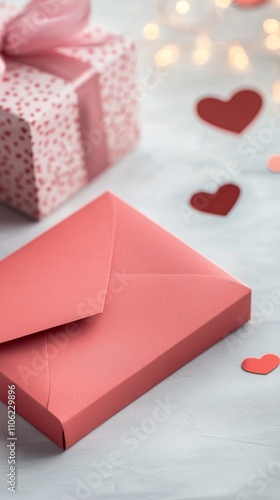 Valentines day envelope with scattered hearts and gift box on gray background