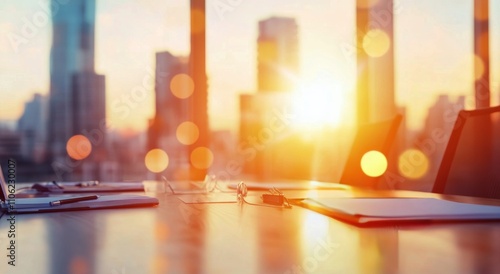 Sunrise illuminates a modern conference room with views of the city skyline