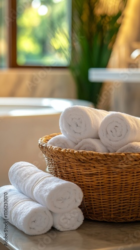 Soft white towels neatly arranged in a woven basket beside a luxurious bathtub