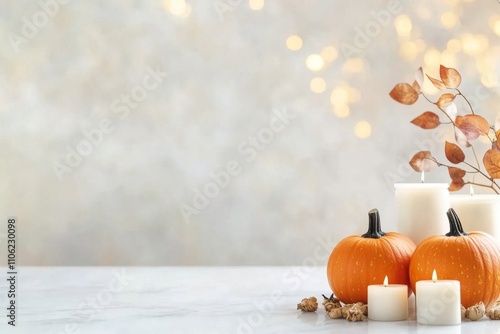 Decorative autumn pumpkins and dried flowers create warm atmosphere in a cozy...