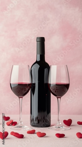 Romantic evening with red wine and heart decorations in a cozy setting