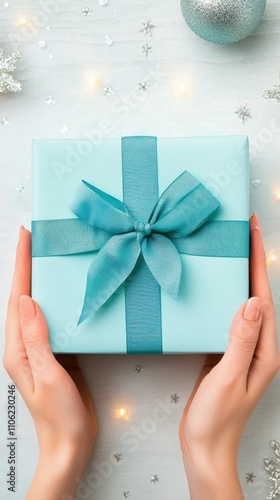 Gift wrapped in elegant paper with a blue ribbon held by hands against a fest...
