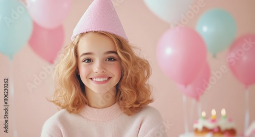 Cute puppy wearing a party hat surrounded by colorful balloons at a celebration