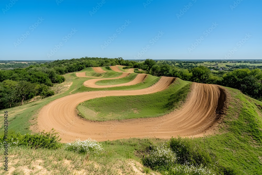 Fototapeta premium Motocross Track, Featuring Dirt Jumps, Sharp Turns, and Obstacles, Set in an Outdoor Racing Environment for Thrilling and Competitive Rides