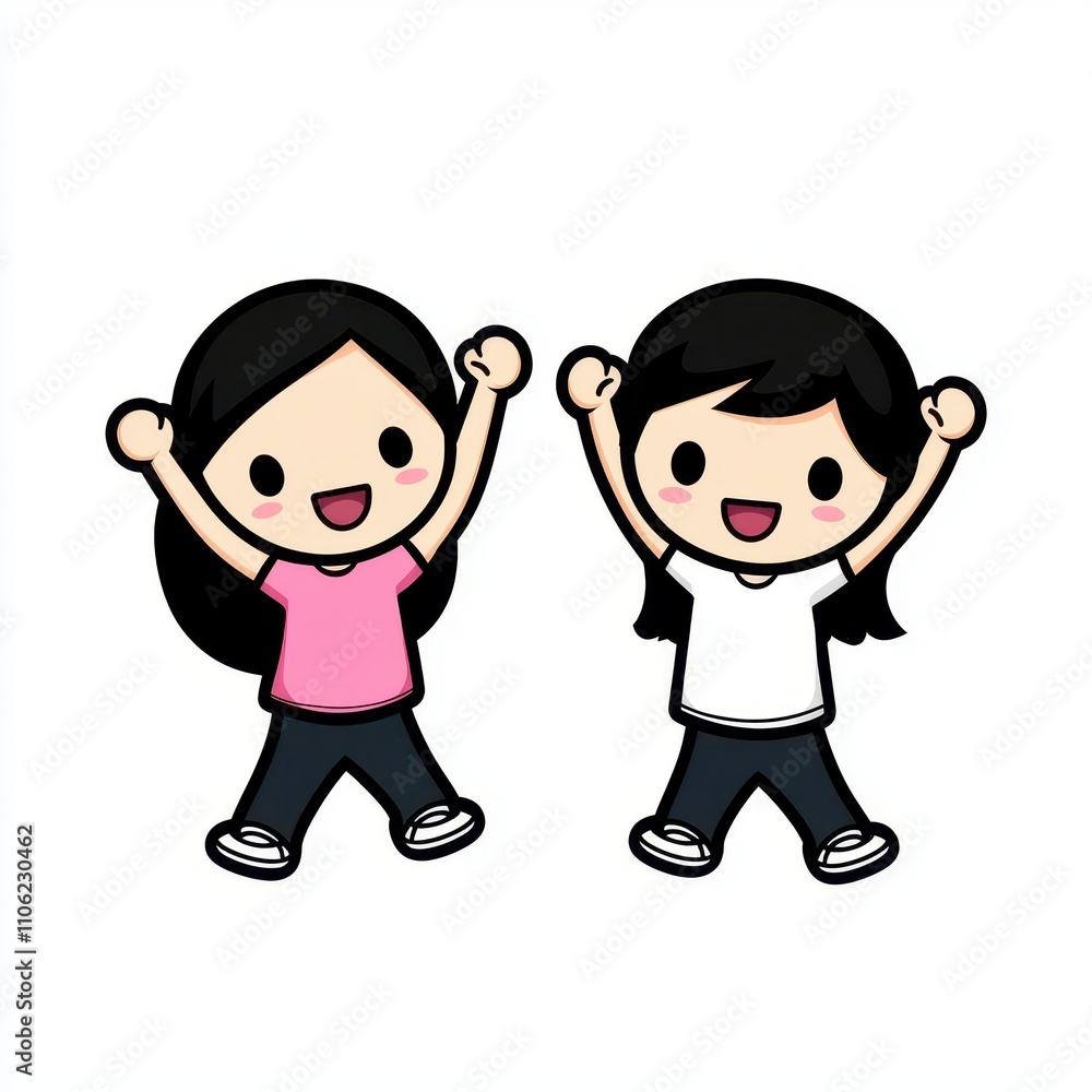 Two Happy Cartoon Characters Celebrating Together with Joyful Expressions and Fun Gestures, Perfect for Illustrations Depicting Friendship and Happiness in Creative Projects Two Happy Cartoon Characters Celebrating Together with Joyful Expressions and Fun Gestures, Perfect for Illustrations Depicting Friendship and Happiness in Creative Projects