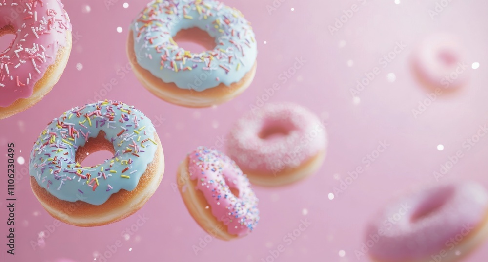 Colorful donuts with sprinkles floating against a pink background Colorful donuts with sprinkles floating against a pink background
