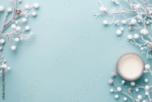 Winter skincare arrangement with cream and decorative branches on blue backgr...
