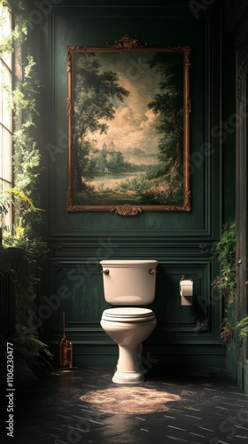 Elegant restroom with ornate mirror and rich green wall paneling in a cozy se...