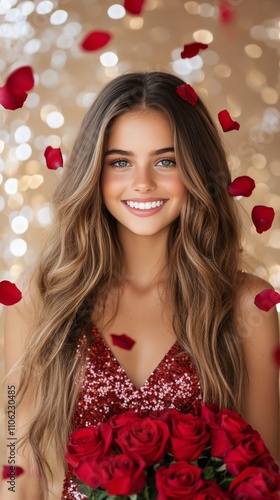 Smiling woman in a sparkling dress holding roses surrounded by rose petals