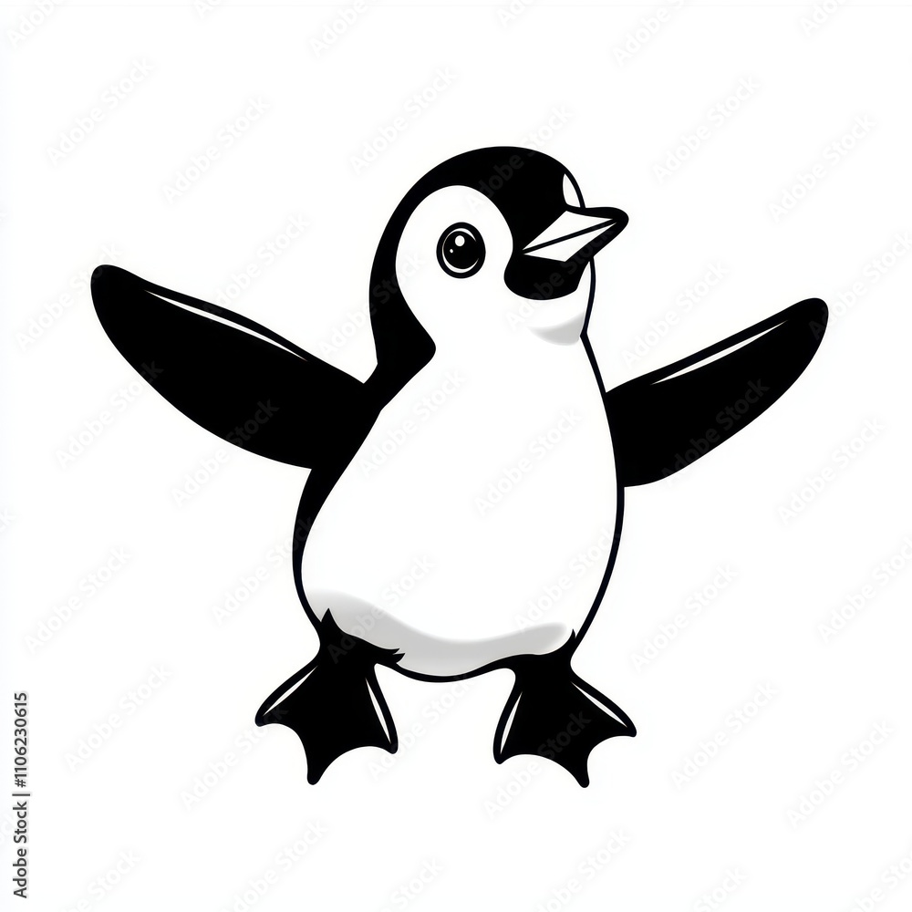 Obraz premium Cute cartoon penguin with outstretched wings, perfect for illustrating themes of joy, nature, wildlife, and winter scenes in children's books or playful designs