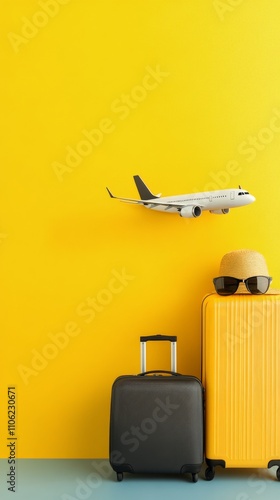 Travel essentials arranged with suitcase and airplane model on vibrant yellow...