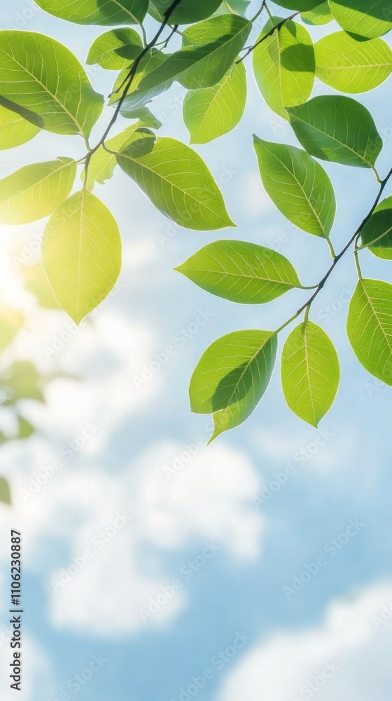 Fototapeta premium Bright green leaves basking in sunlight under a clear blue sky during a warm afternoon