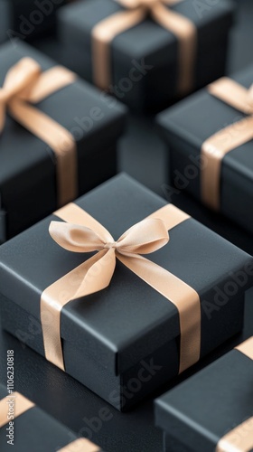 Elegant black gift boxes arranged with subtle lighting in a festive atmosphere