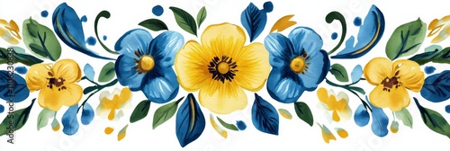 Colorful floral pattern featuring blue and yellow flowers and green leaves on...