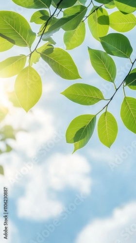 Bright green leaves basking in sunlight under a clear blue sky during a warm ...