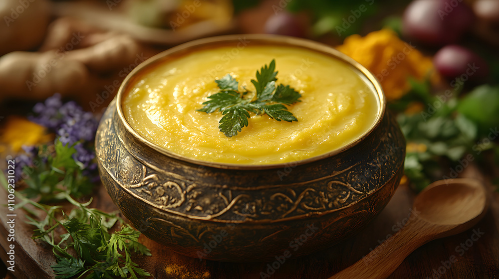 A Beautifully Arranged Display of Ghee in a Brass Container Surrounded by Natural Ingredients Reflecting Ayurvedic Healing Principles