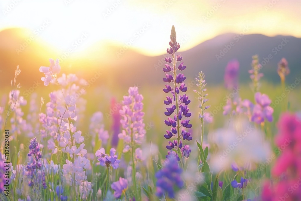 Obraz premium Lush wildflowers bloom in vibrant colors under the warm glow of the setting sun