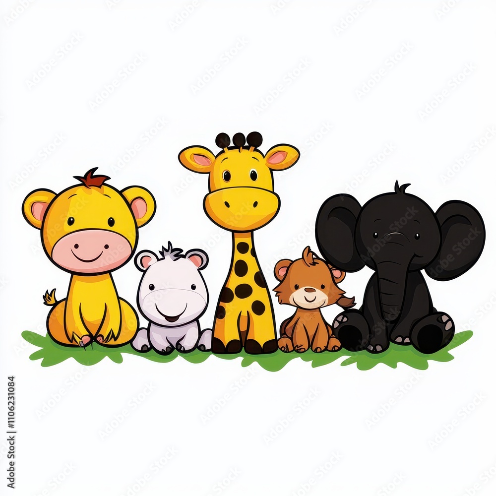 Fototapeta premium Adorable Cartoon Animals Sitting Together in a Colorful and Playful Scene Featuring a Giraffe, Zebra, Lion, Monkey, and Elephant on a Green Grass Background