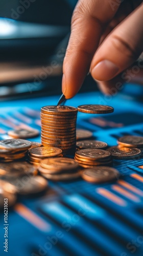 Coins stacked on a table as a person carefully adjusts the top for balance