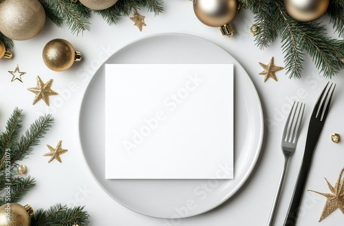 Holiday table setting with blank card surrounded by festive decorations and u...
