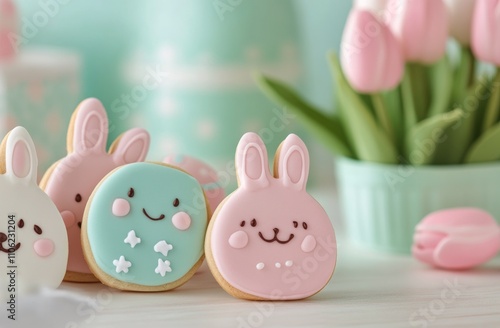 Colorful Easter cookies arranged with pink tulips on a light blue background