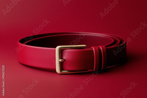 Red leather belt displayed against a deep red background for fashion presenta...
