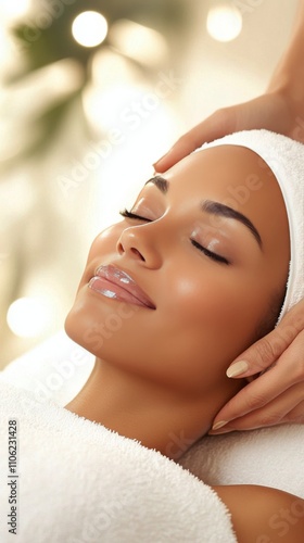 Woman enjoying a relaxing facial treatment in a serene spa setting during the...